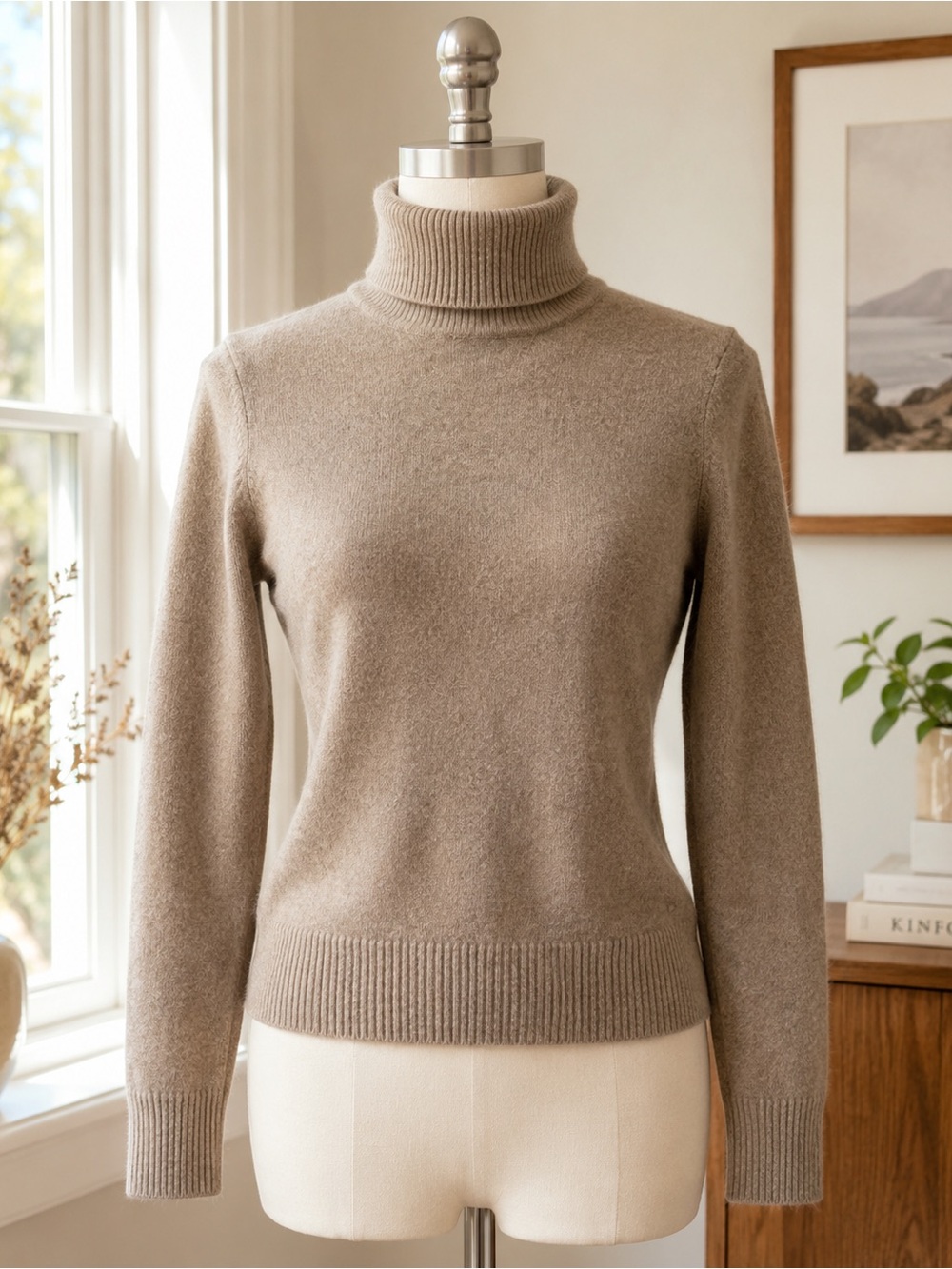 Unbranded 100% Merino Wool Turtleneck Sweater Tan Taupe XS